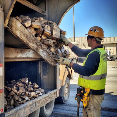 construction-worker-yellow-safety-vest-hard-hat-stands-near-truck-bed-filled-with-rubble